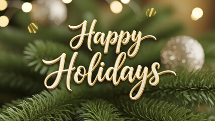 Happy Holidays written in elegant gold lettering set against a festive backdrop of green pine branches and bokeh lights with a decorative ornament
