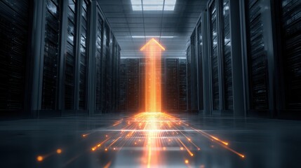 Abstract representation of data growth and upward trends in a modern data center featuring glowing arrows and digital lines illuminating the floor
