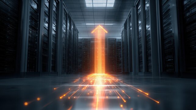 Abstract representation of data growth and upward trends in a modern data center featuring glowing arrows and digital lines illuminating the floor - Powered by Adobe
