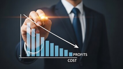 Businessman drawing a downward trending bar graph showing decreasing profits and rising costs chart