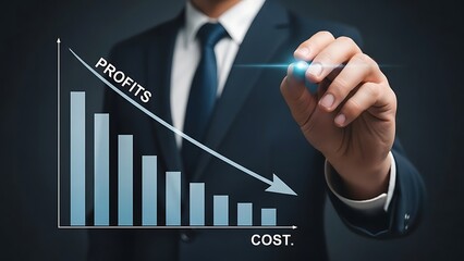 Businessman pointing at declining profits graph with increasing costs chart decline
