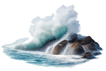 Ocean wave crashing on coastal rocks, powerful sea spray and white foam, water dynamics movement, nature element