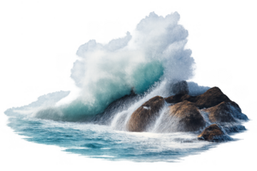 Ocean wave crashing on coastal rocks, powerful sea spray and white foam, water dynamics movement, nature element