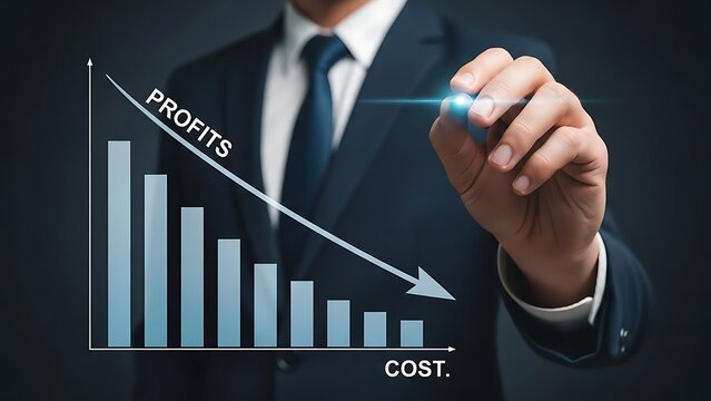 Businessman pointing at declining profits graph with increasing costs chart decline - Powered by Adobe