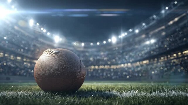Close-up of American football rolling on grass field in illuminated stadium arena at night with bokeh lights