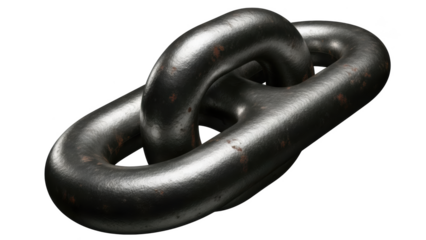 Two interlocking dark metal chain links with rust spots on a black background iron steel