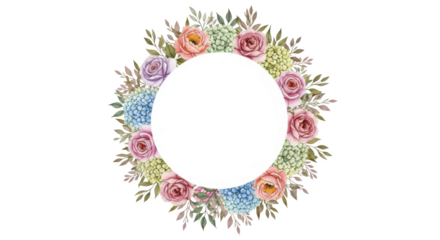 Watercolor floral wreath with pink roses blue hydrangeas and green leaves around white circle image