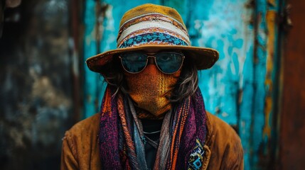 Mysterious Figure in Hat and Scarf Against Distressed Blue Wall.