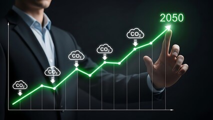 Businessman touching upward trending green graph with C O2 clouds and year 2050 chart growth