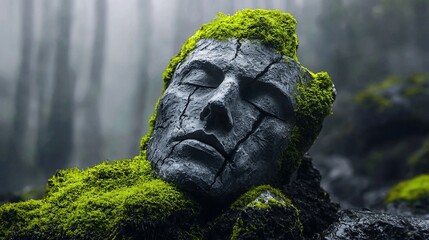 MossCovered Stone Face Sculpture in Misty Forest Serene Expression Natures Embrace.
