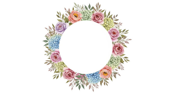 Watercolor floral wreath with pink roses blue hydrangeas and green leaves around white circle image - Powered by Adobe