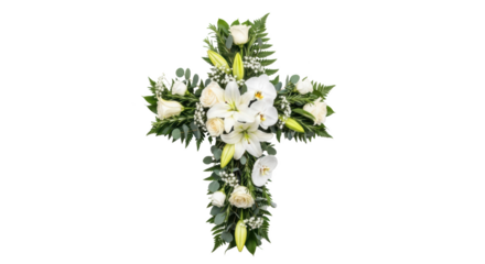 White Flower Cross Arrangement with Lilies Roses Orchids and Greenery on Black Background image