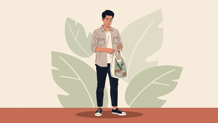 Young man shopping with easy-to-carry tote bag standing in front of leafy illustrations