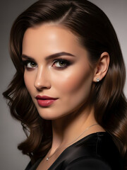 Elegant woman with wavy brown hair and red lips looking directly at camera
