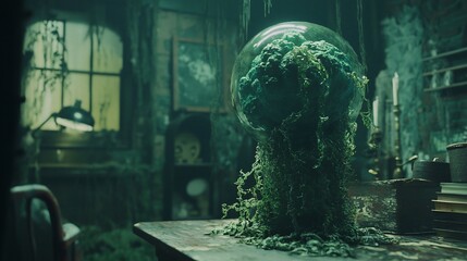 Overgrown Orb Mossy Sphere in Abandoned Room Eerie Green Glow Decay and Mystery.