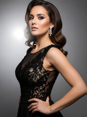 Elegant woman in black evening gown with sophisticated hairstyle