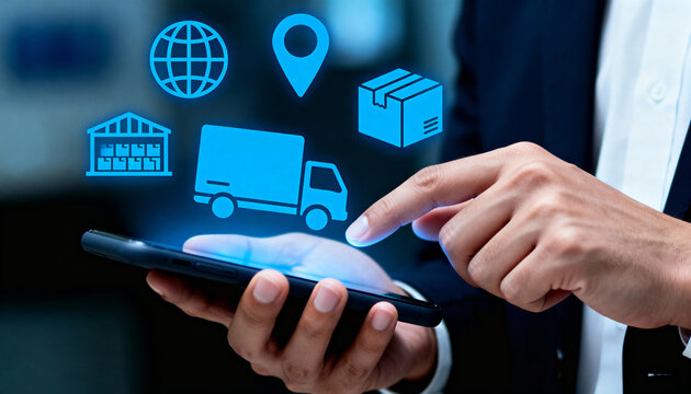 Optimizing logistics efficiency mobile technology warehouse management digital communication modern business environment close-up view strategic solutions - Powered by Adobe