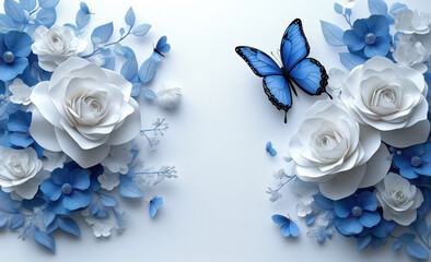 3D white roses and blue butterflies on the left side of a large, elegant circle, white background, white color theme, high resolution. Generative AI