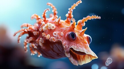 Striking Orange Sea Creature with Tentacles and Intricate Skin Texture in Deep Blue Water.