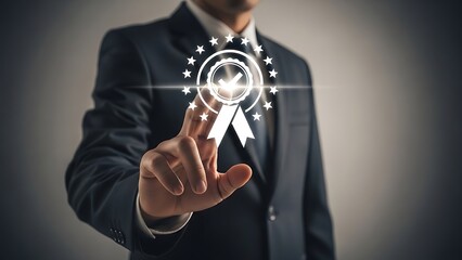 Man in dark suit touching glowing award badge with checkmark and stars pointing