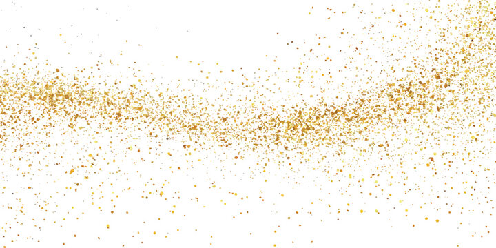 Golden glitter dust trail abstract light effect. Golden glitter particles on a white background. Scattered gold particles on a white background creating a festive abstract design. 