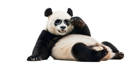 Obraz premium Cool Panda Relaxing with Sunglasses on White Background, Lying Down and Smiling, Transparent PNG Image