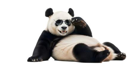 Cool Panda Relaxing with Sunglasses on White Background, Lying Down and Smiling, Transparent PNG Image