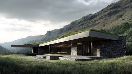 Modern eco-friendly home with grass roof in mountainous landscape
