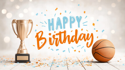 Basketball-themed background for a kids birthday with a champion trophy and basketball. Court-inspired colors, confetti, and playful light effects create a festive mood.