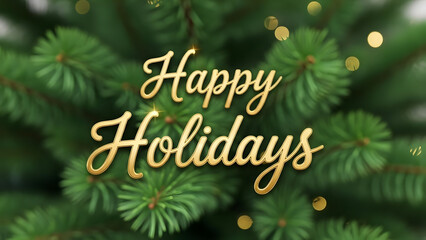 Happy Holidays greeting in elegant gold script over a blurred green Christmas tree background with bokeh lights