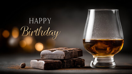 Elegant luxury birthday background for a man featuring premium dark chocolate pieces and a crystal glass of aged whiskey, with refined atmosphere and copy space.