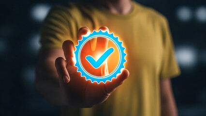 Person holding glowing blue checkmark badge with orange light effect approval verified