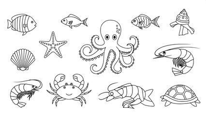 Minimal ocean icon collection, monochrome line art, fish, octopus, starfish, shells, crab, shrimp, turtle, flat graphic symbols