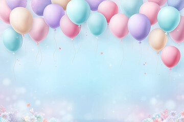 Dreamy pastel birthday background with semi transparent balloons and floating sparkles, featuring a central empty space designed for text, greetings and festive messages.