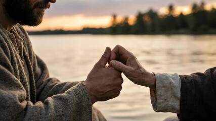 Man holding old hand by water at sunset. Jesus Christ offering comfort and compassion to an elder. Religious concept.