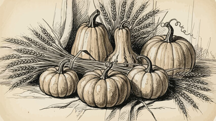 A vibrant still life of six small pumpkins surrounded by green wheat stalks on a rustic wooden surface with a warm beige with autumn