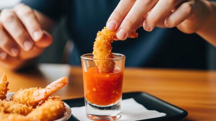 Close-up of hand dipping crispy fried shrimp into red chili sauce