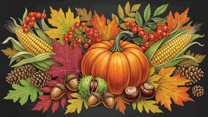 Vibrant autumn arrangement with pumpkin, corn, colorful leaves, pinecones, acorns, and berries on black background, symbolizing