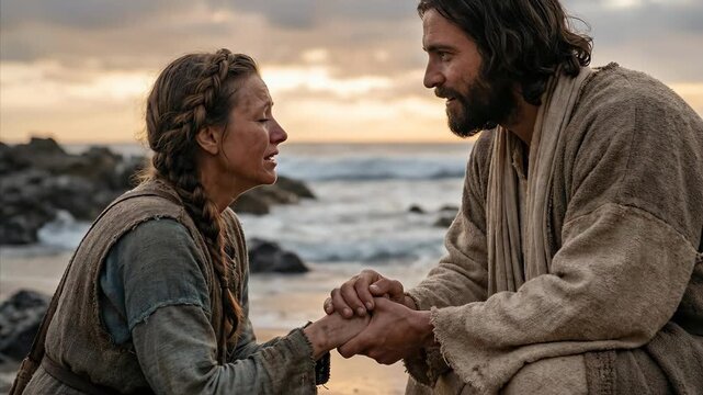 Woman holding hands with Jesus by sea expressing devotion. Biblical scene of comfort and faith for religious narrative.
