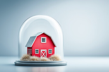 Insurance company banner with a small wooden house model protected under a transparent glass dome, symbolizing home insurance, safety, reliability, and property protection.