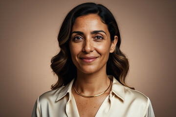Poised professional female headshot, warm taupe background.