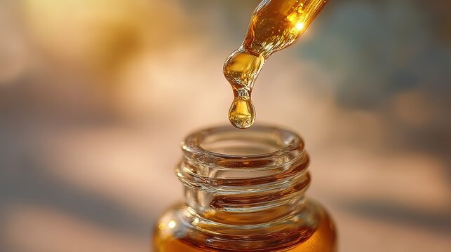 Close-up of a glass dropper releasing a golden liquid drop into a clear glass bottle, warm bokeh background, concept for skincare serum, essential oil, or luxury fragrance.