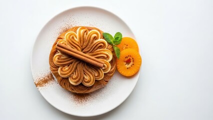 Elegant pastry, piped cream, cinnamon stick, kiwi, fresh mint