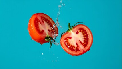 Fresh Whole And Halved Red Tomatoes With Water Droplets On Turquoise Background whole tomato halved tomato