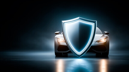 Auto insurance banner featuring a car model protected under a transparent shield, symbolizing vehicle safety, coverage, reliability and risk protection.