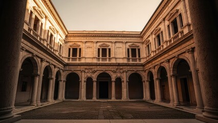Obraz premium Empty classical stone courtyard bathed in warm, golden sunlight