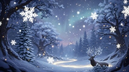 Magical Winter Night Scene with a Glowing Antler Stag in a Snowy Forest with Aurora Borealis