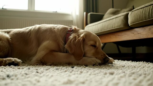 Golden retriever rests on white carpet in living room. Dog lies peacefully on carpet near bench. Retriever relaxes on floor in home. Pet resting on white carpet with sunlight. Cozy living space.