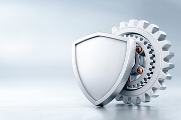 Industrial protection concept with neatly arranged gears and metal components featuring an insurance shield symbol, representing safety, risk management, and industrial coverage.