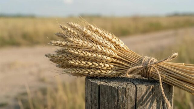 Golden wheat bundle resting on a weathered wooden post in a rural field with a blurred background at different angles.